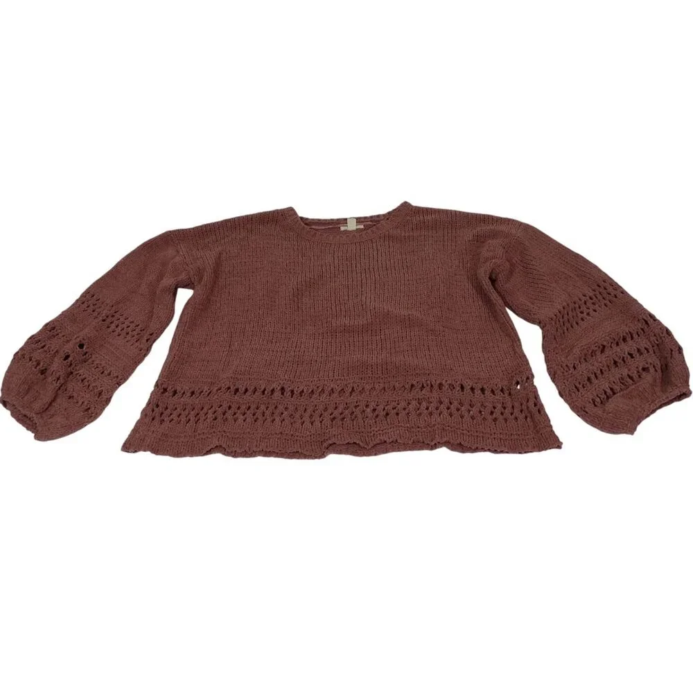 Cupio Mauve Pink Knit Sweater Womens Size XL Balloon Sleeve Open Knit Detail